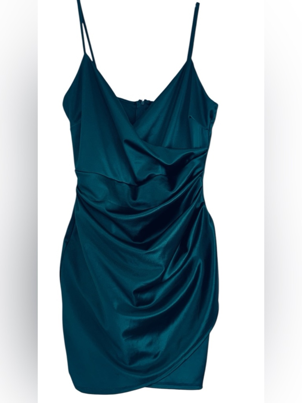 Windsor Teal Satin Ruched Tulip Hem Mini Dress - Size [L ] - Cocktail Party - Picture 2 of 7